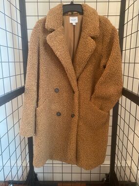 Nine West Tan Teddy Double-Breasted Teddy Coat